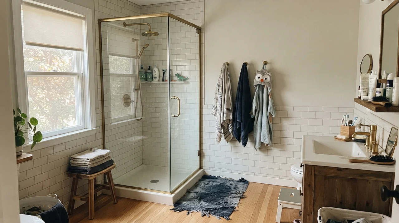 Family bathroom with painted upper walls above white subway wainscot and brass fixtures.