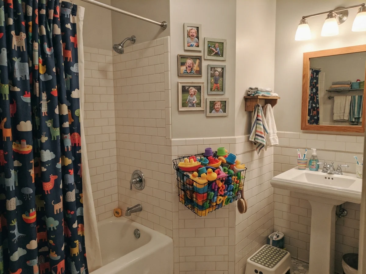Kids bathroom with painted walls above white subway tile and everyday bath toys.