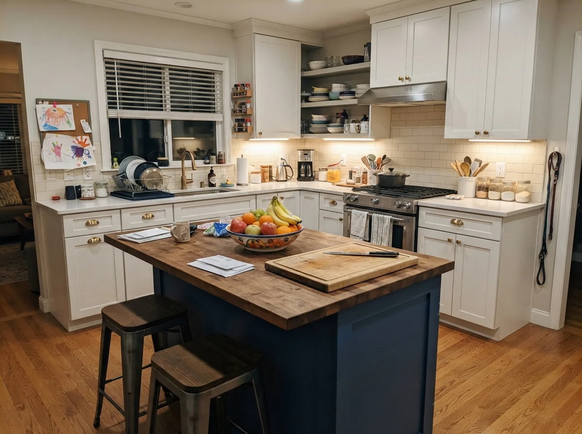 Kitchen island painted in Silver Satin with white perimeter cabinetry.