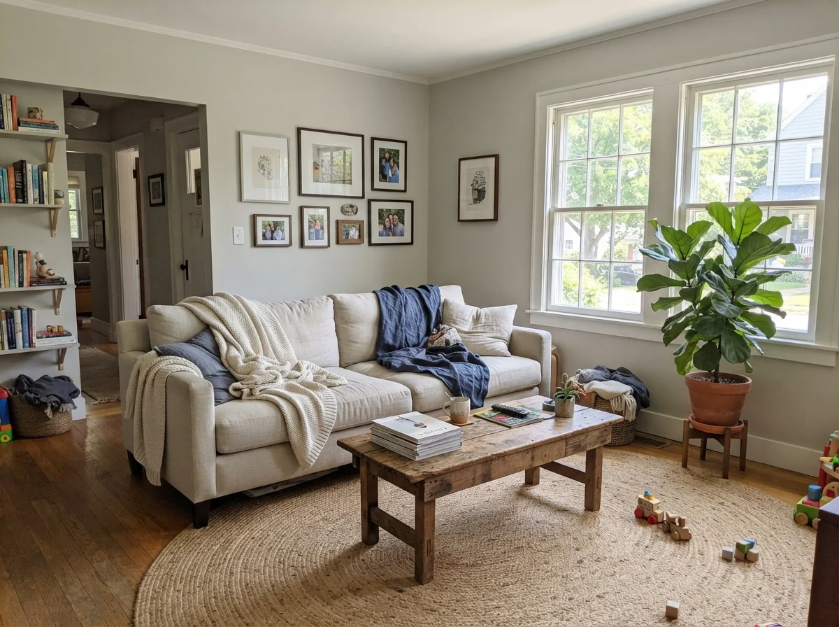 Living room with generous natural light, linen sofa, wood table, and painted walls.