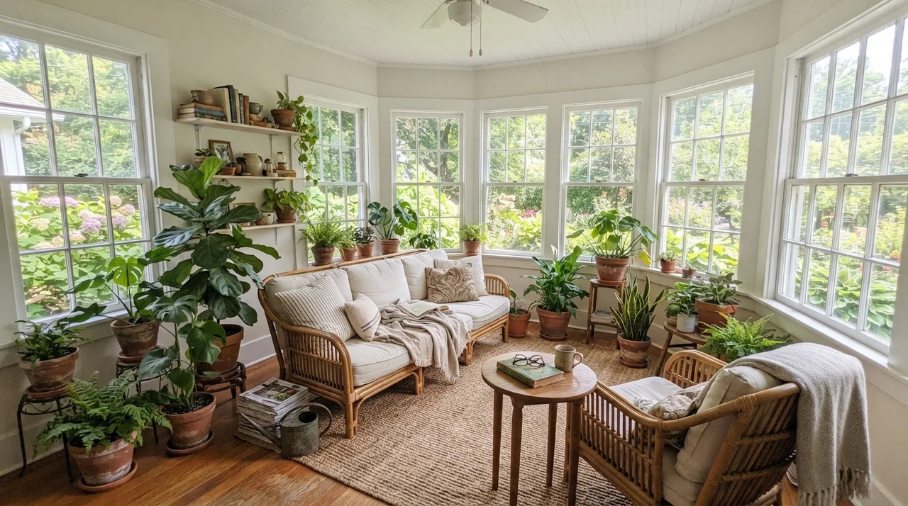 Sunroom flooded with garden daylight, painted walls between white window frames.