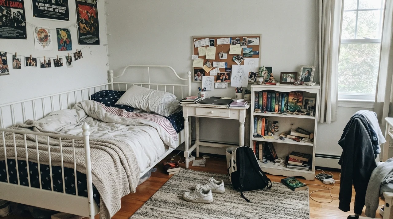 Teenager bedroom with painted walls, white metal bed, and desk in slightly cool daylight.