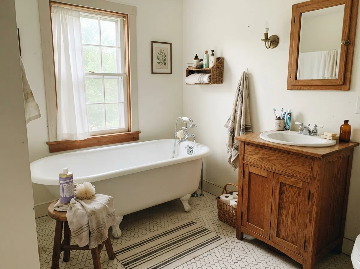 Cottage bathroom with white clawfoot tub, oak vanity, hex tile, and Simply White painted walls.