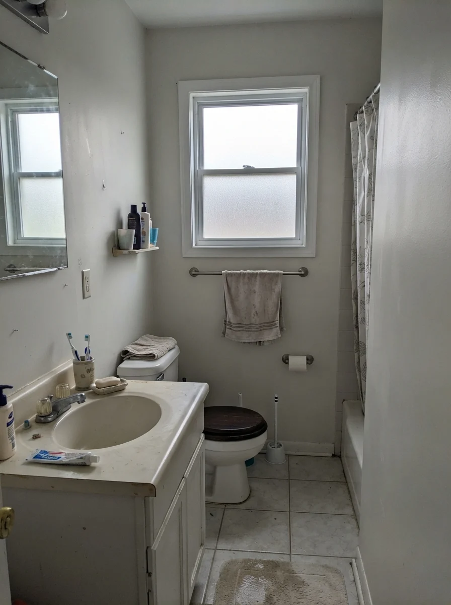 Small bathroom with Simply White walls in flat overcast light, showing white fixtures.