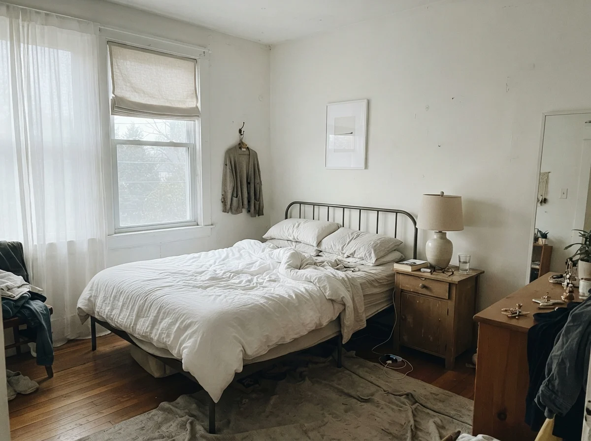 Simple bedroom with unmade white bedding, wood nightstand, and Simply White walls in cool morning daylight.