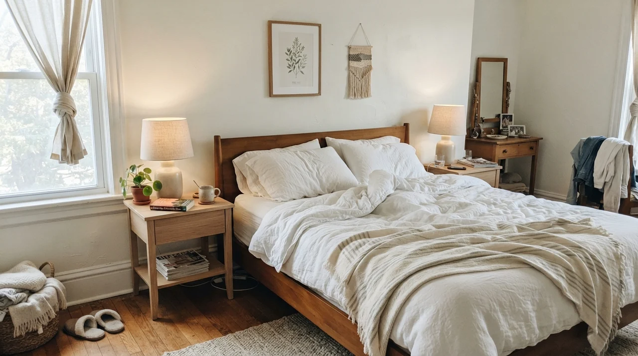 Main bedroom with pale oak nightstands, white linen bedding, and Benjamin Moore Simply White walls.