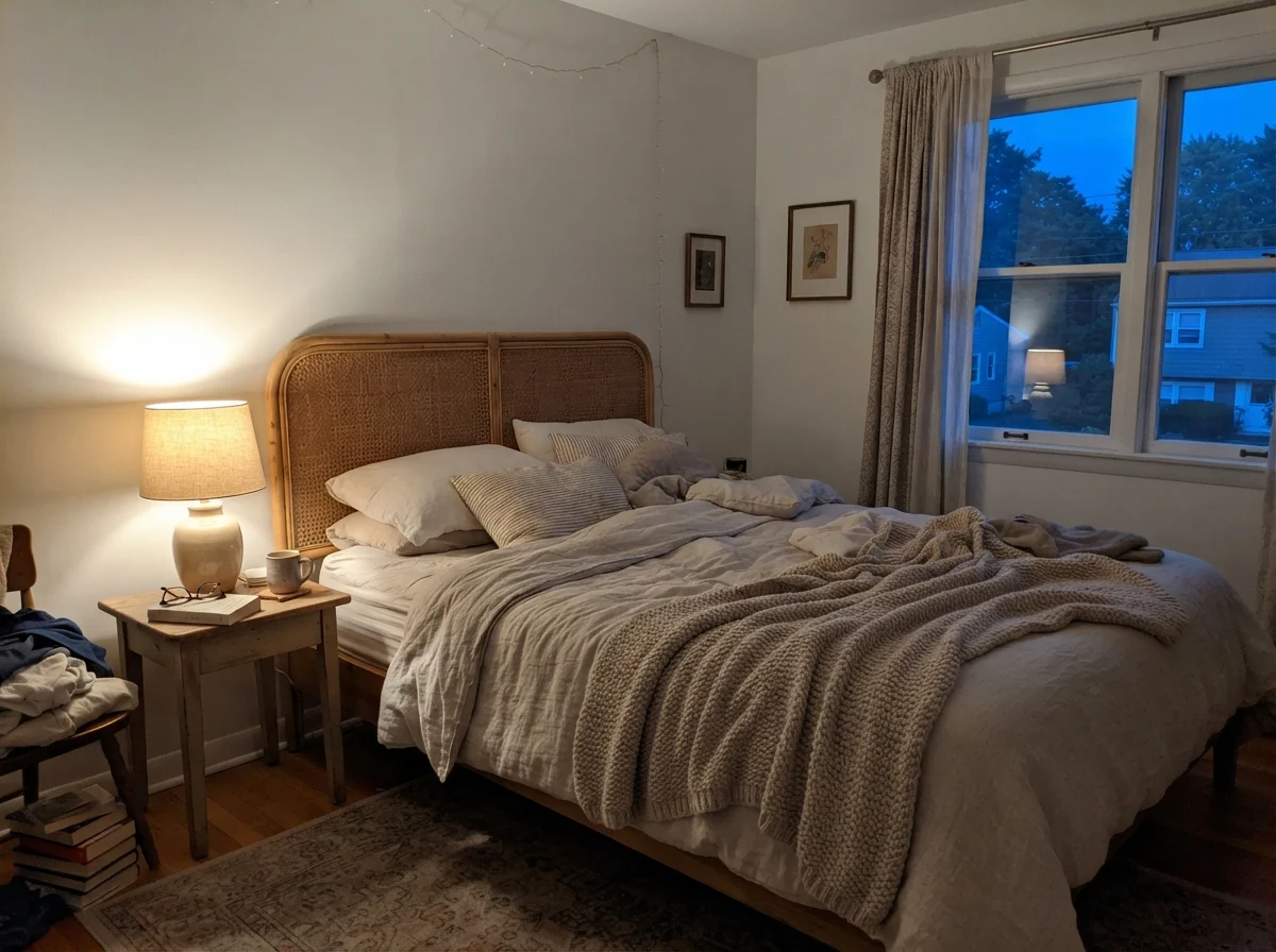 Bedroom with rattan headboard, warm table lamp glow on Simply White walls, and evening light.