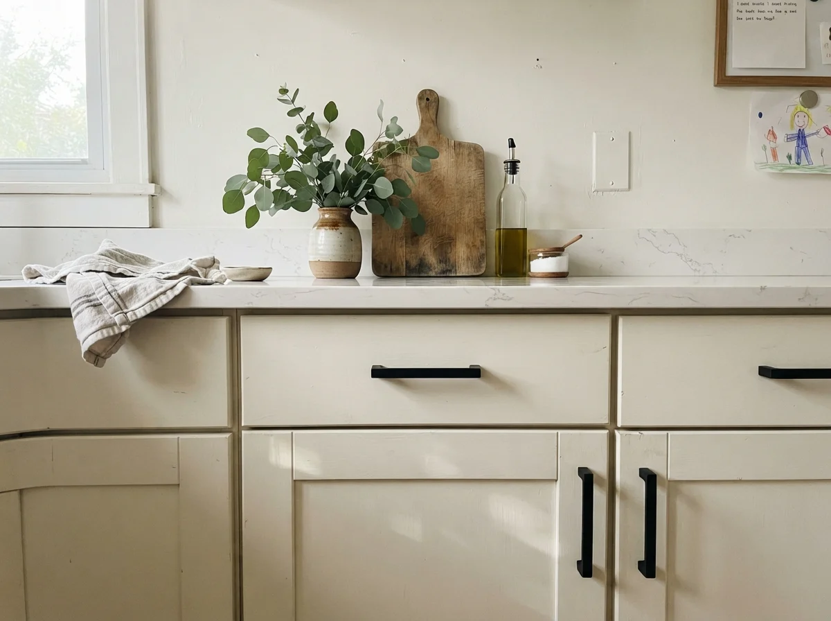 Close up of Simply White shaker cabinet fronts with matte black hardware and quartz counter.