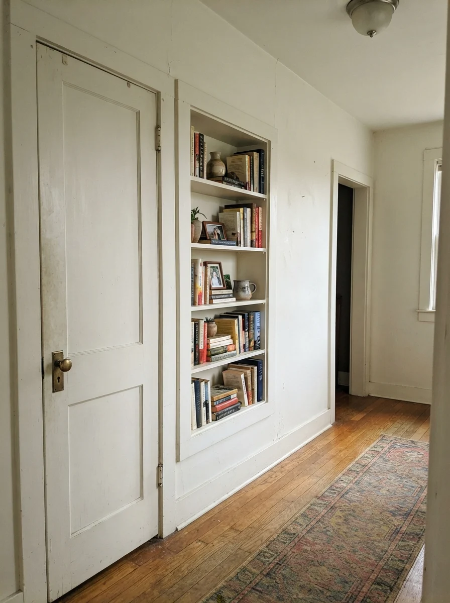 Hallway door and built-in bookshelf painted Simply White with brass hardware and wood floors.