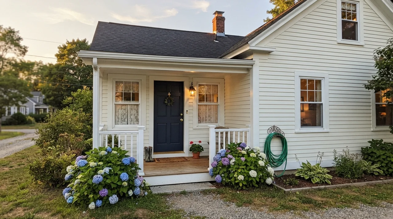 Exterior of house with Simply White horizontal siding, navy front door, white trim, and porch.
