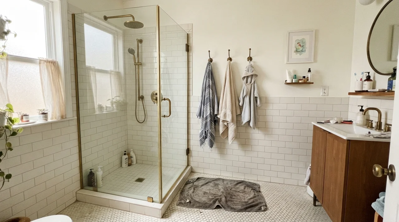 Family bathroom with white subway tile wainscot, brass shower fixtures, and upper walls painted Benjamin Moore Simply White.