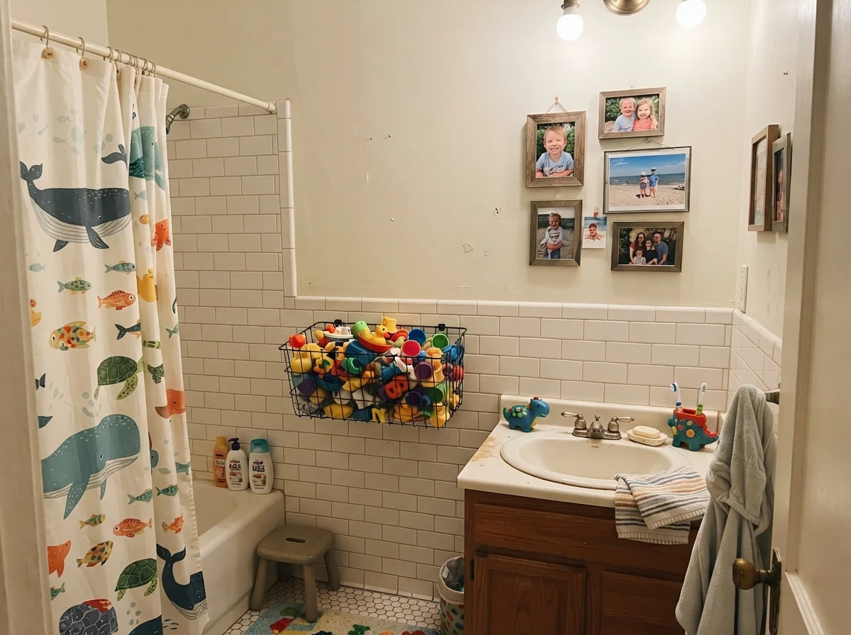 Kids bathroom with subway tile wainscot, bath toys, and Simply White upper walls.