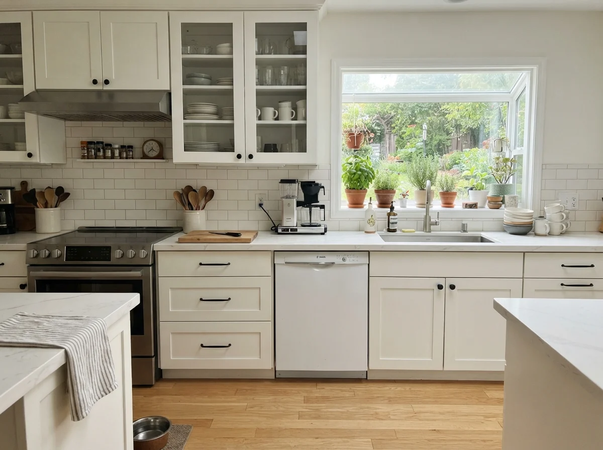 Kitchen shaker cabinets painted Benjamin Moore Simply White with subway tile backsplash and light oak floor.
