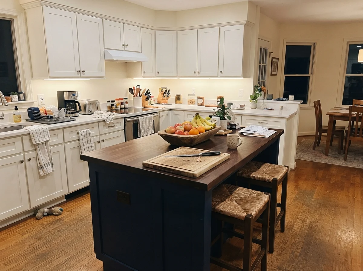 Kitchen island painted Simply White with white surrounding cabinetry and warm evening light.