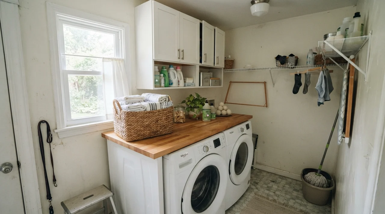Small bright laundry room with butcher block countertop and Simply White walls.