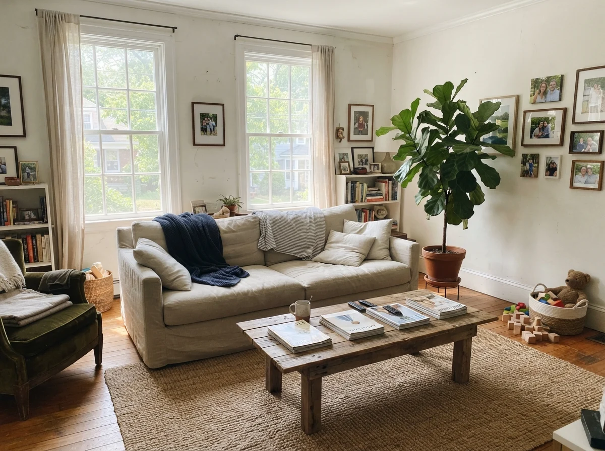 Living room painted Benjamin Moore Simply White with linen sofa, jute rug, and midday sunlight.
