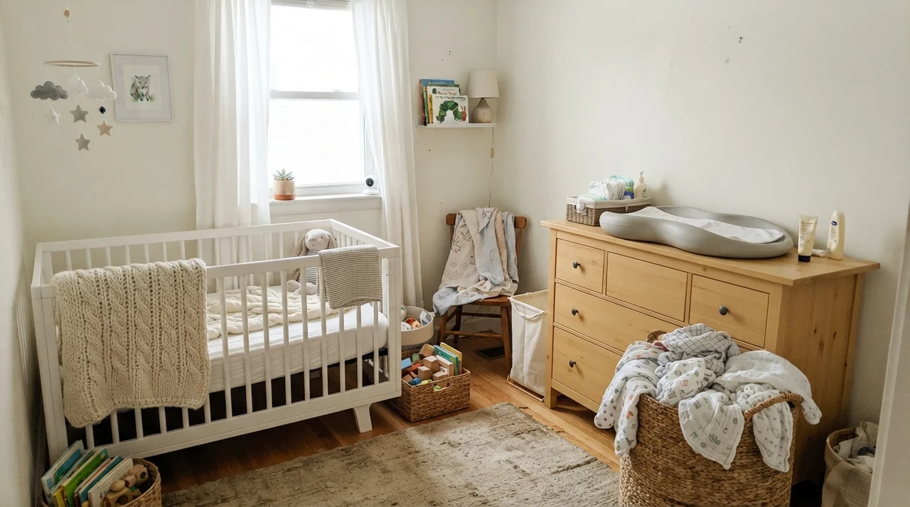 Nursery with white crib, light wood dresser, and gentle daylight on Simply White walls.