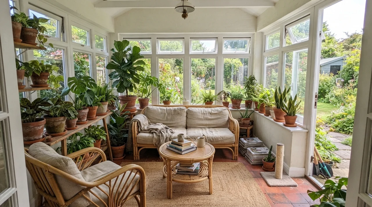 Sunroom with Simply White wall sections between multiple windows, rattan chairs, and terracotta planters.