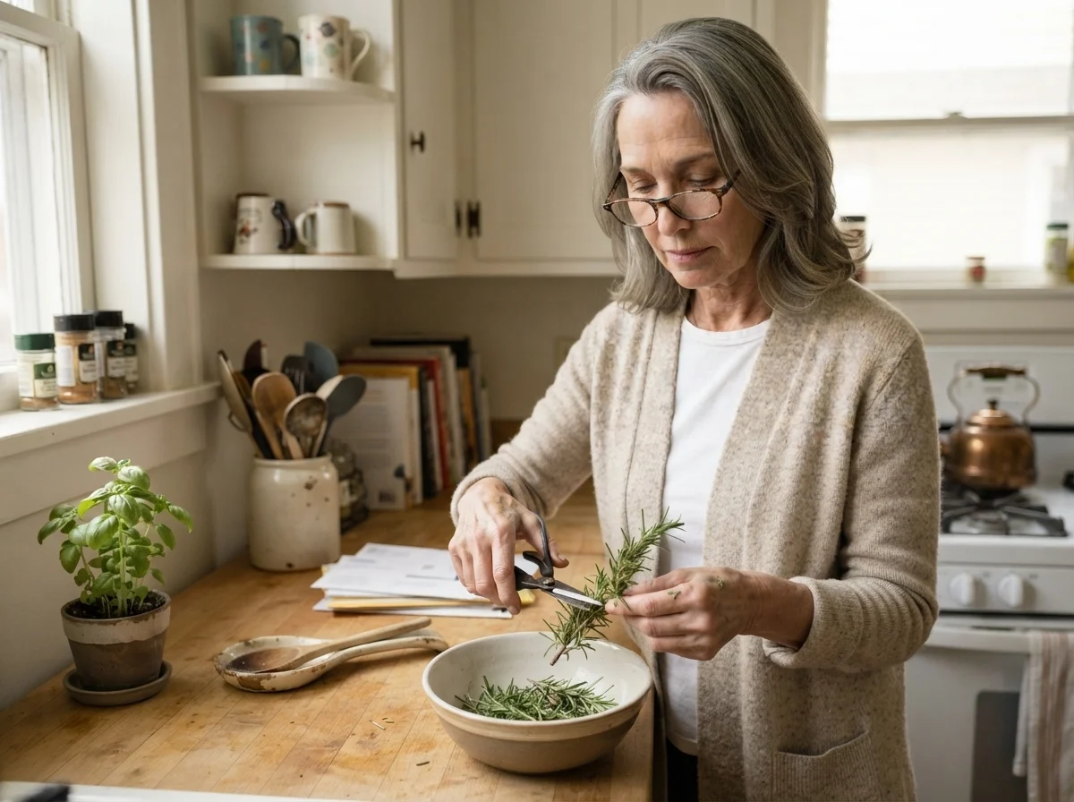 Susan Hartley trimming fresh rosemary over a butcher block counter in a kitchen painted Benjamin Moore Simply White.