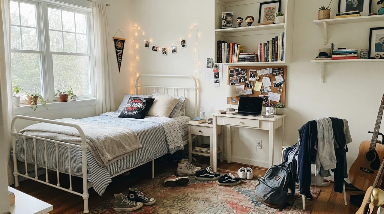 Teenager bedroom with white metal bed frame, desk, shelves, and Simply White painted walls.