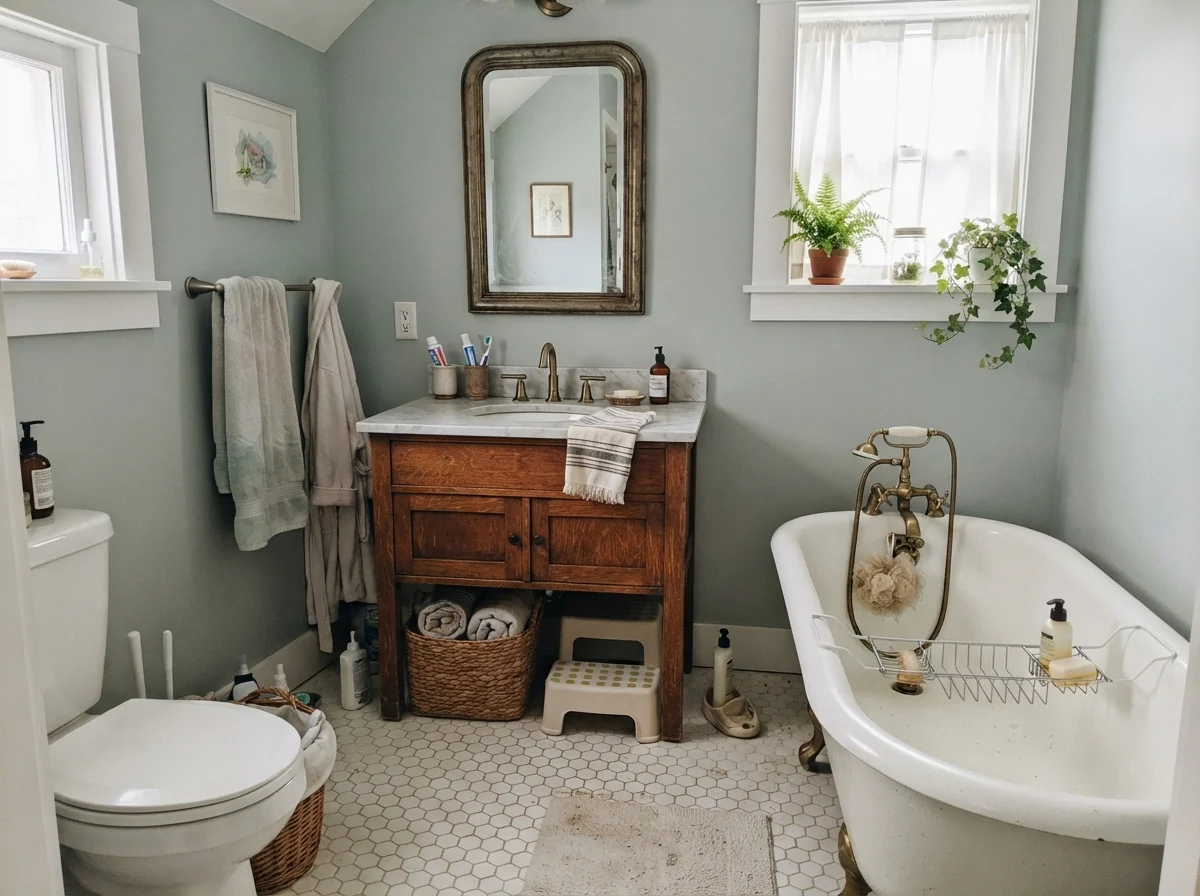 Cottage bathroom with clawfoot tub and Benjamin Moore Smoke walls