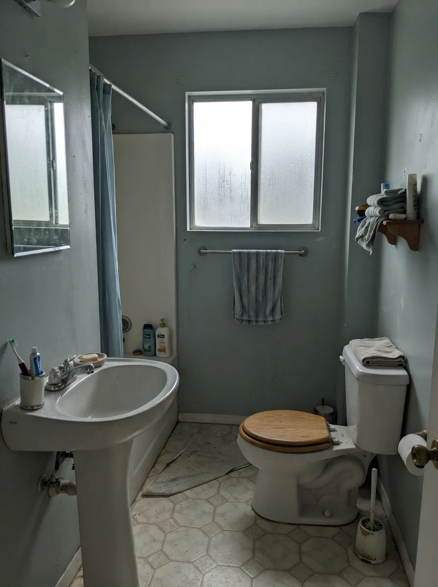 Small bathroom with painted walls looking gray under overcast daylight