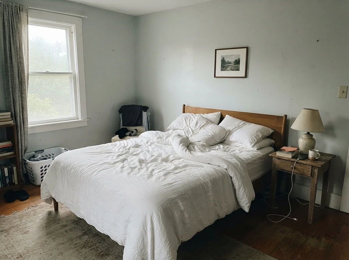 Bedroom with unmade white bedding and pale walls painted in Benjamin Moore Smoke in cool morning light