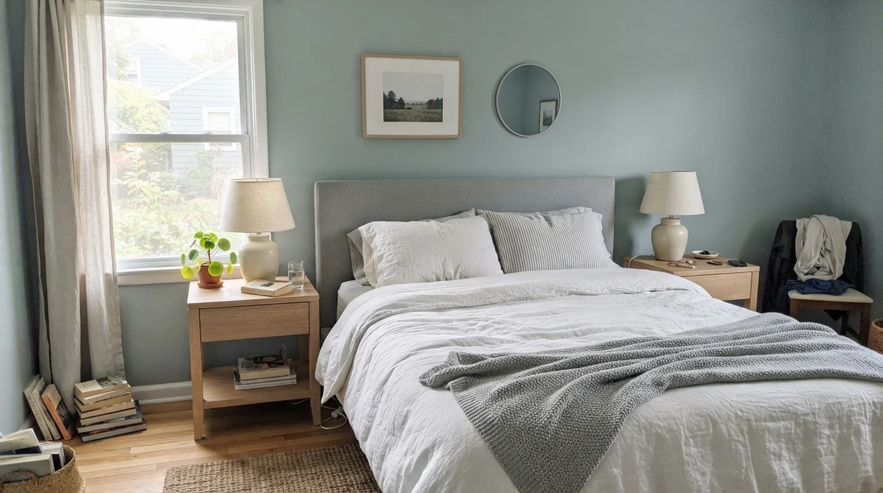 Main bedroom with painted walls in Benjamin Moore Smoke and linen bedding