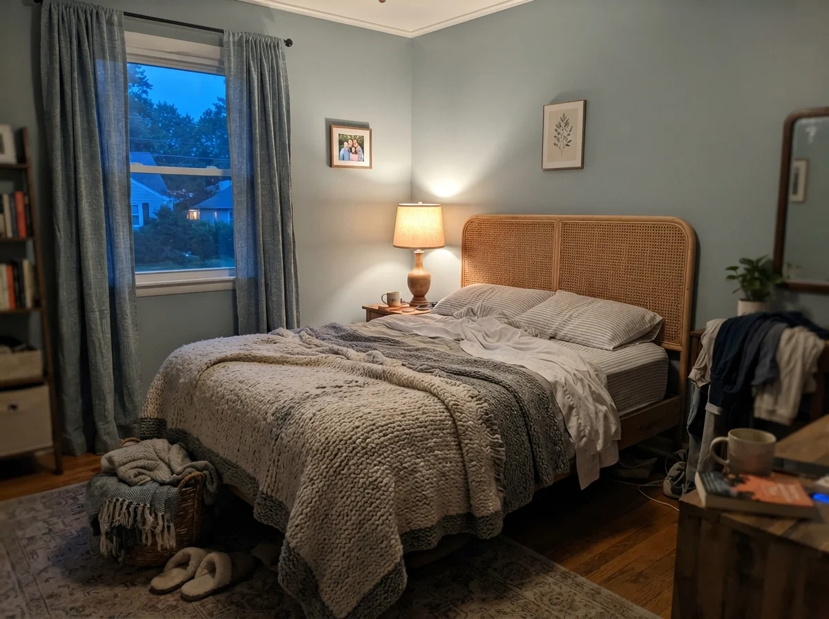 Bedroom with warm lamp light glowing on Benjamin Moore Smoke walls at dusk