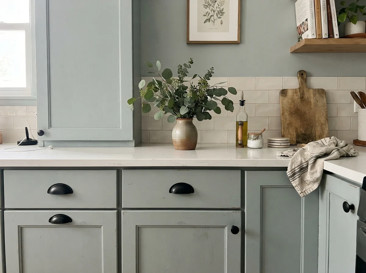 Close-up of painted shaker cabinet fronts with matte black hardware