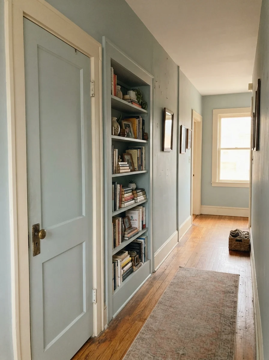 Hallway door and built-in bookshelf painted in Benjamin Moore Smoke against cream walls
