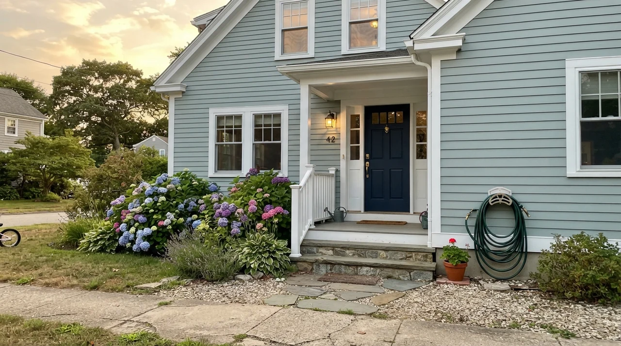 House exterior siding painted in Benjamin Moore Smoke with white trim