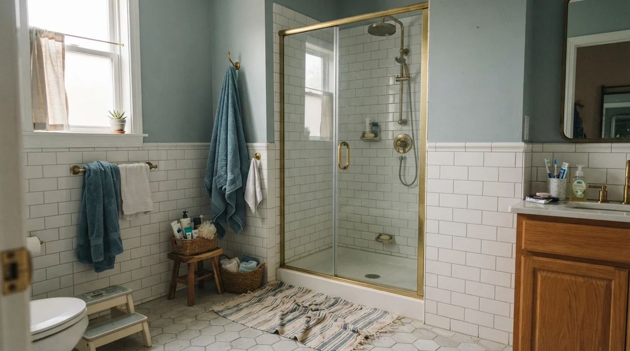 Family bathroom with Benjamin Moore Smoke on upper walls above white subway tile wainscot with brass fixtures
