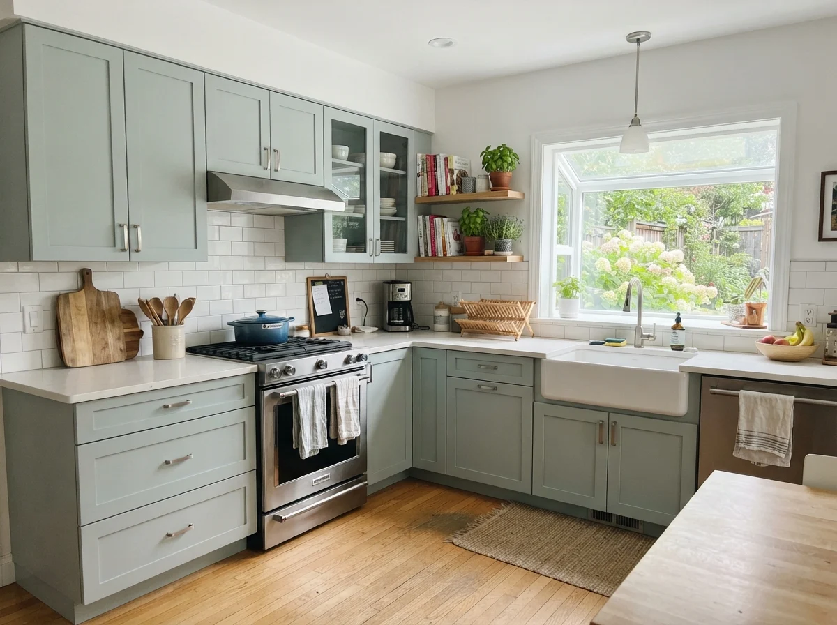 Kitchen shaker cabinets painted in Benjamin Moore Smoke with white subway tile