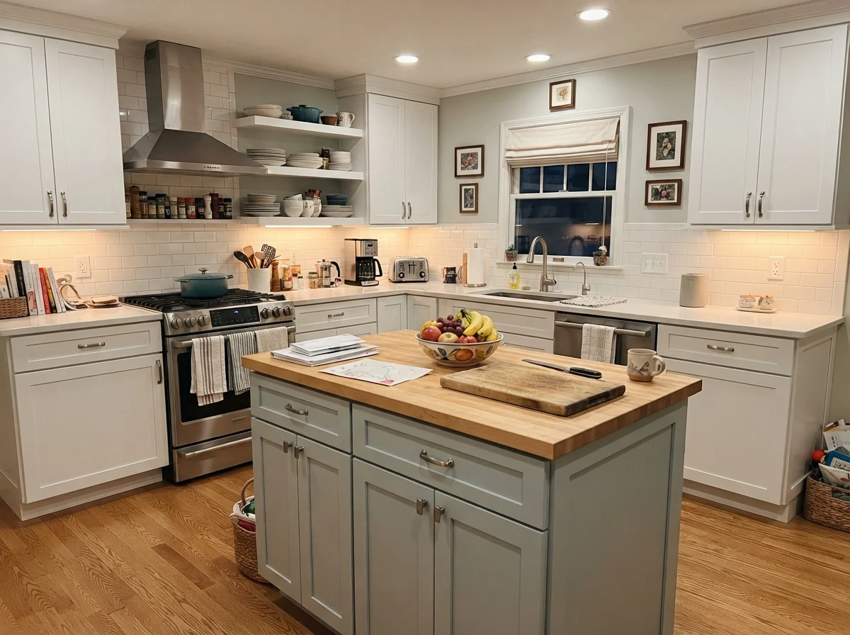 Kitchen island painted in Smoke surrounded by white cabinets