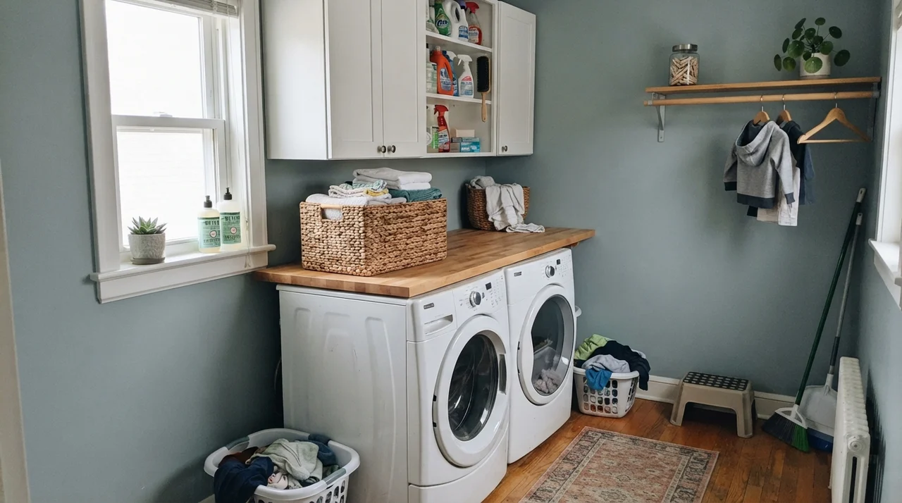 Bright laundry room with painted walls in Smoke and white appliances