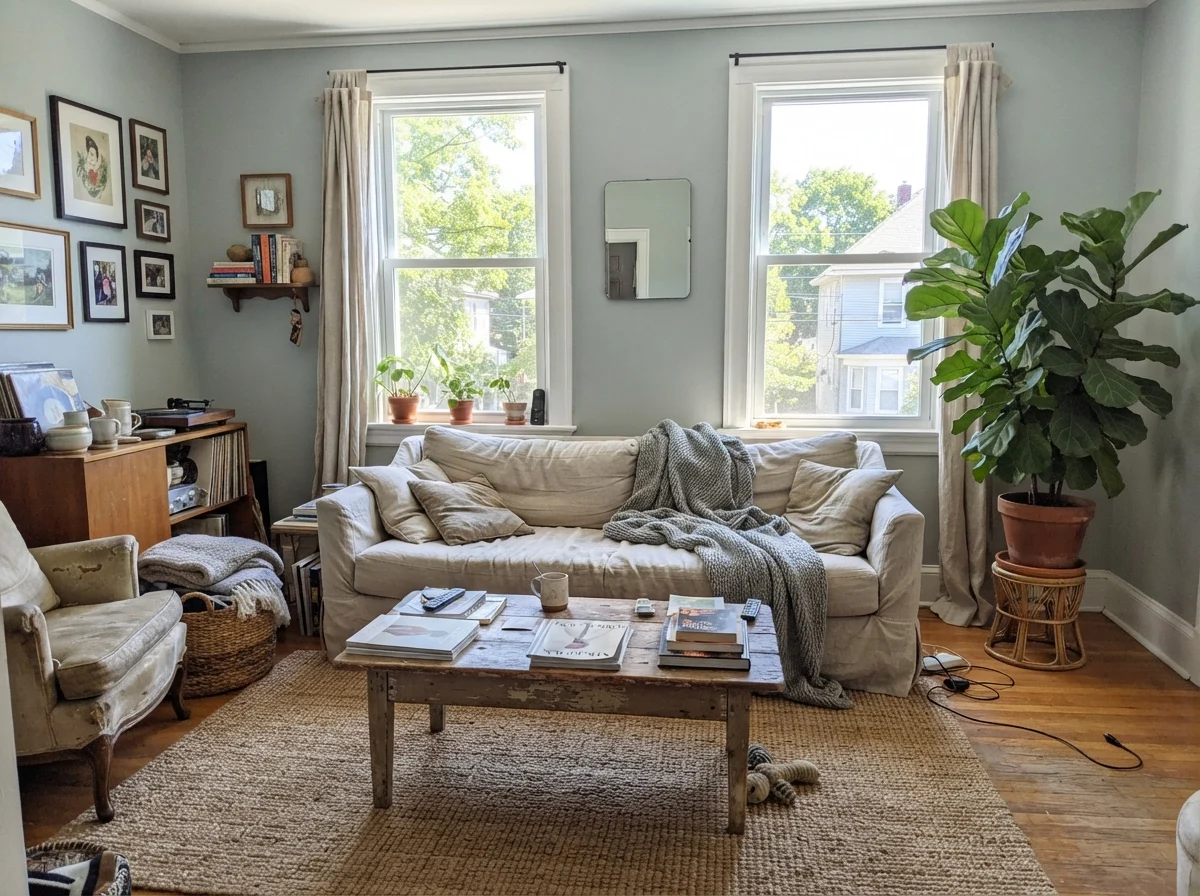 Living room in midday sun with walls painted in Benjamin Moore Smoke