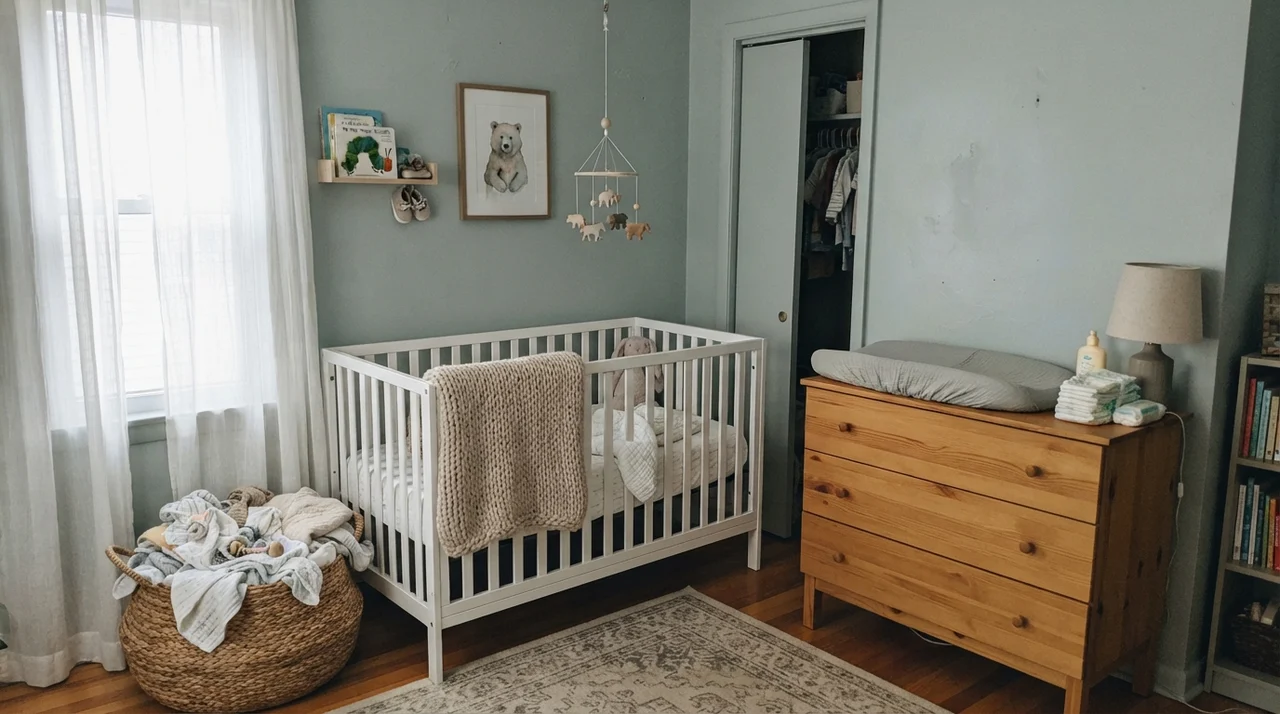 Nursery with crib and dresser against walls painted in Benjamin Moore Smoke