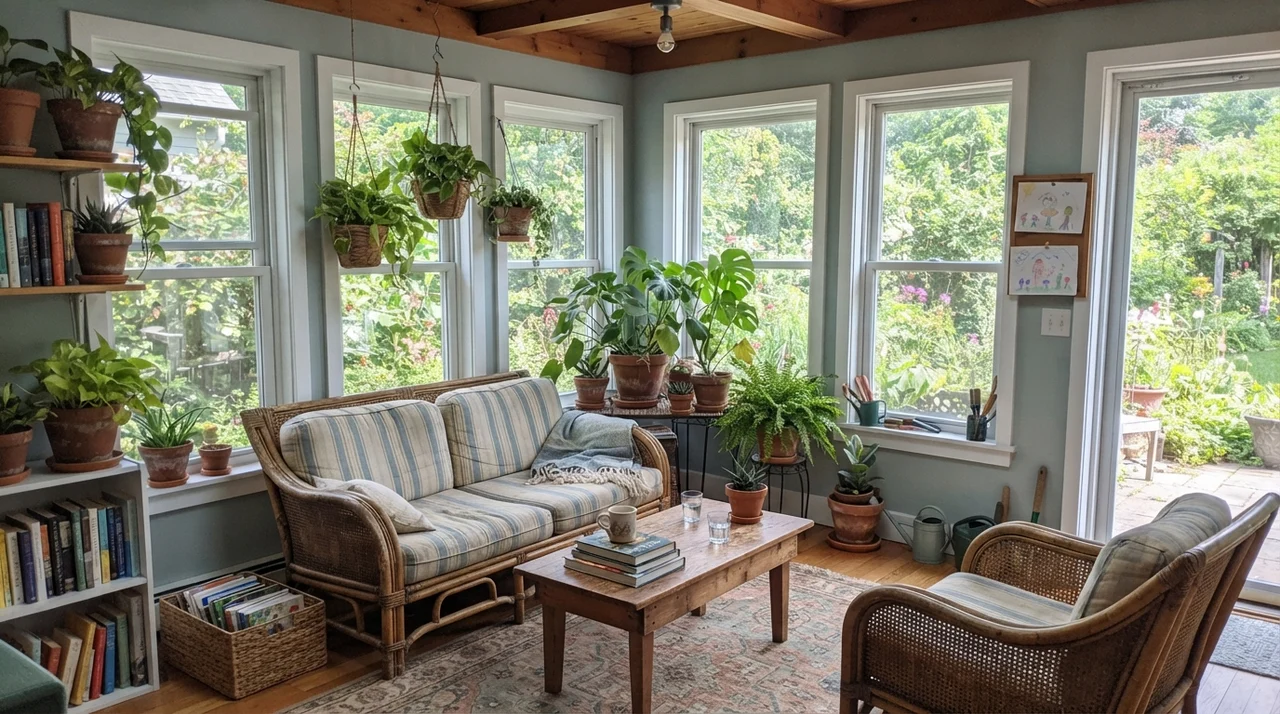 Sunroom with white-framed windows and walls painted in Benjamin Moore Smoke