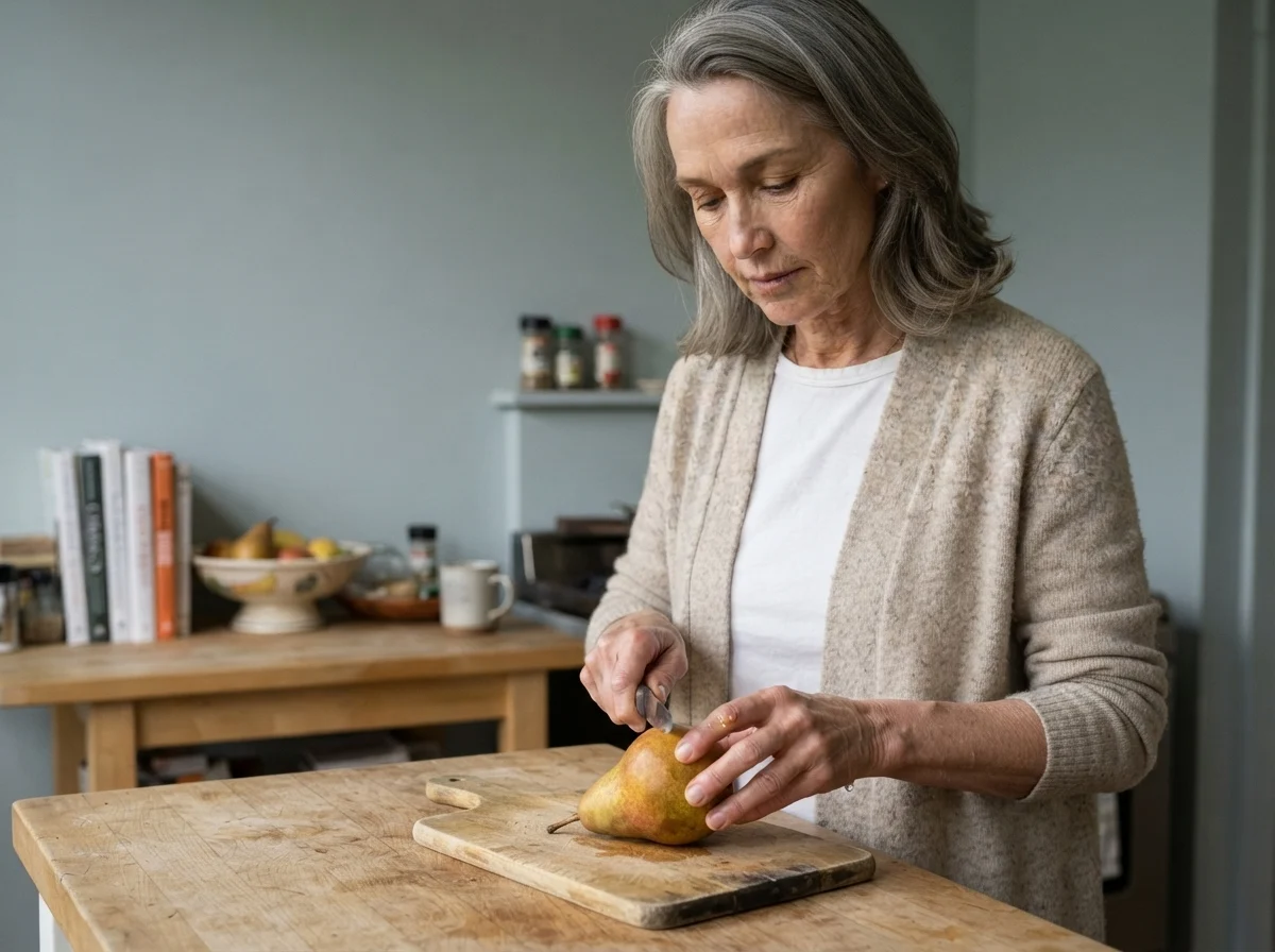 Susan Hartley slicing a pear at her kitchen island with walls painted in Benjamin Moore Smoke in the background