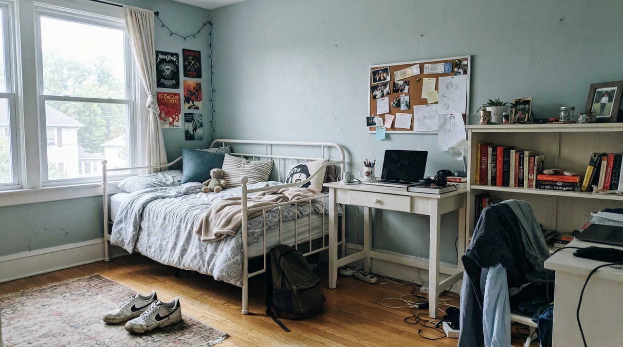 Teenager bedroom with desk and painted walls in bright window daylight