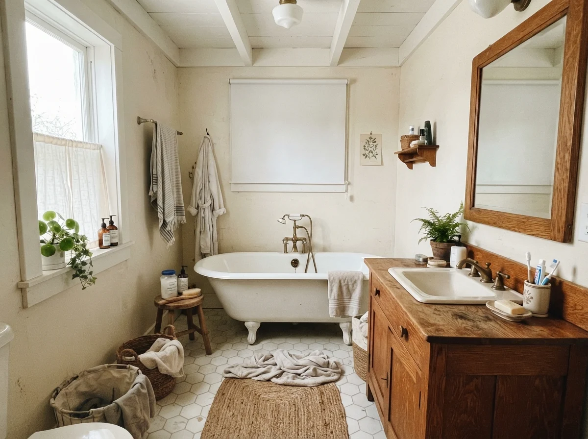 Cottage bathroom with white clawfoot tub and oak vanity under bright morning light.