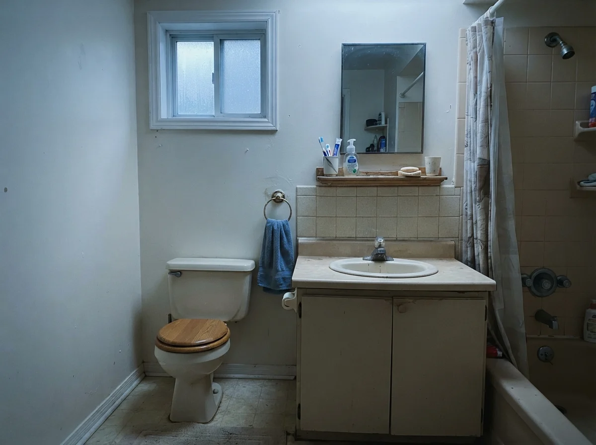 Modest bathroom showing cool cast on painted walls under north light on a rainy day.