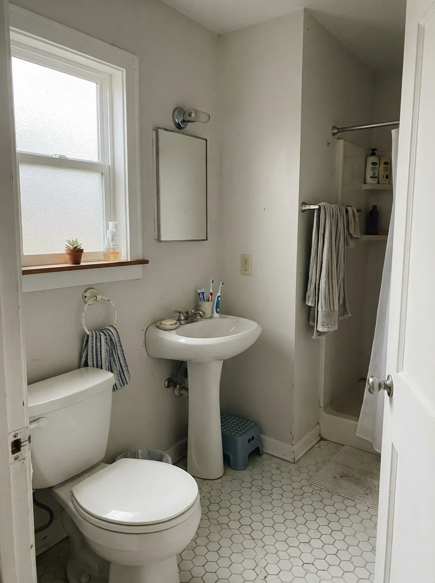Small bathroom in flat overcast daylight with painted walls reading muted gray.