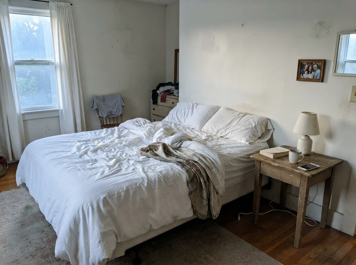 Bedroom with unmade white bedding and wood nightstand under cool early morning daylight.