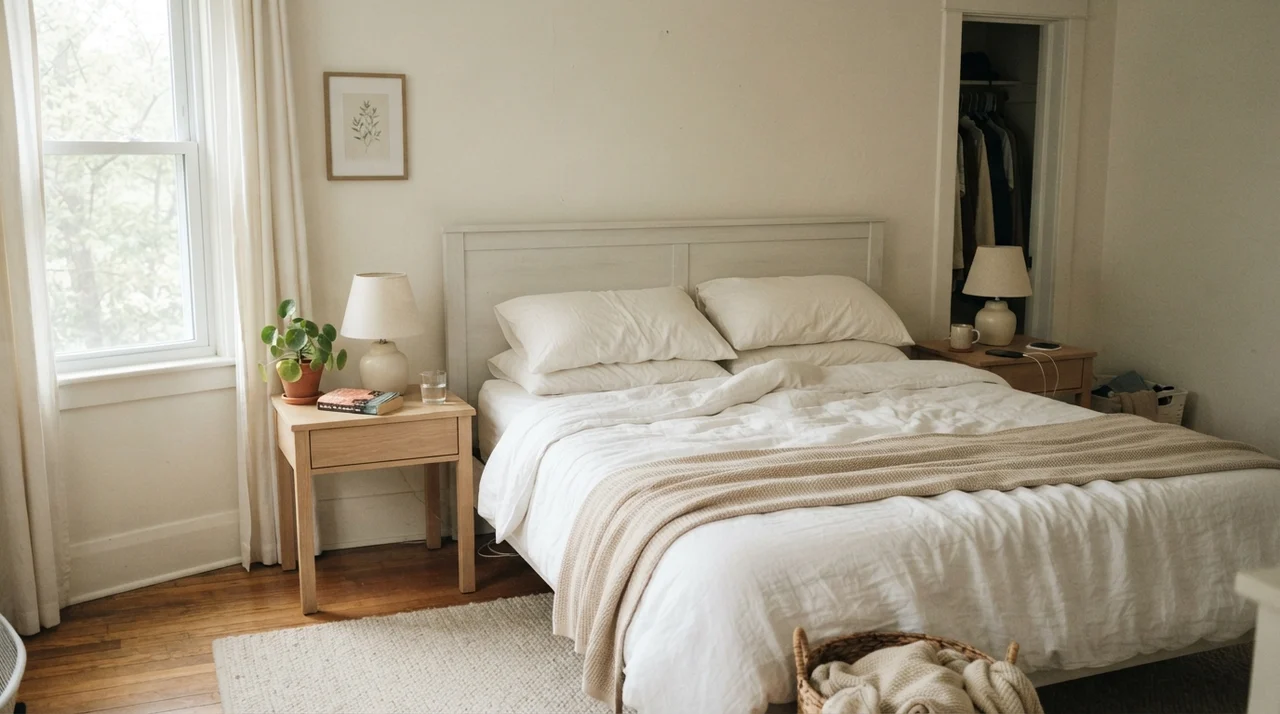 Serene master bedroom with white linen bedding and pale oak furniture against Swiss Coffee walls.
