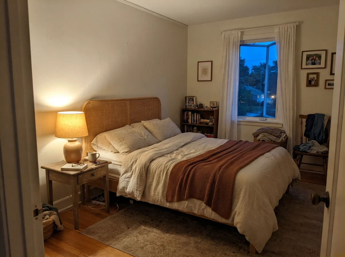 Bedroom with rattan headboard and glowing bedside lamp at evening against warm painted walls.