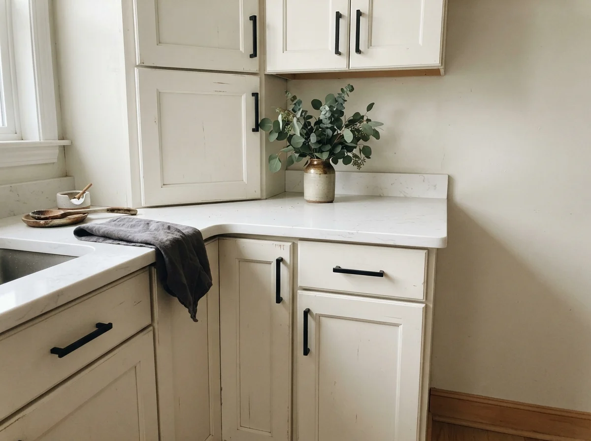 Close-up of Swiss Coffee painted cabinet door with matte black handle and quartz counter.
