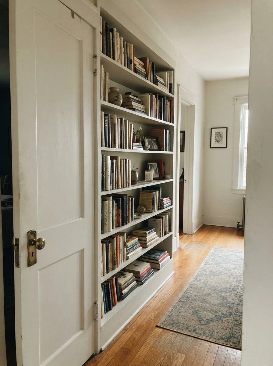 Hallway interior door and built-in bookshelf painted creamy off-white with brass doorknob.