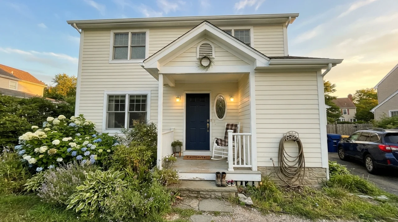 House exterior with horizontal siding painted Swiss Coffee and dark navy door in soft evening light.